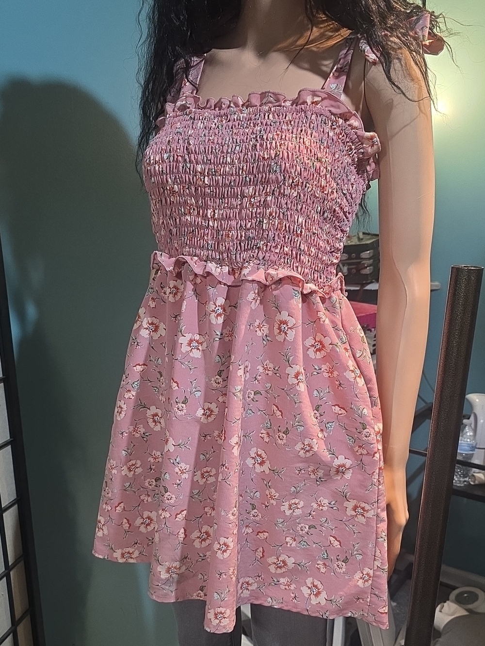 As U Wish Pink Floral Smocked Sundress with Tie Straps